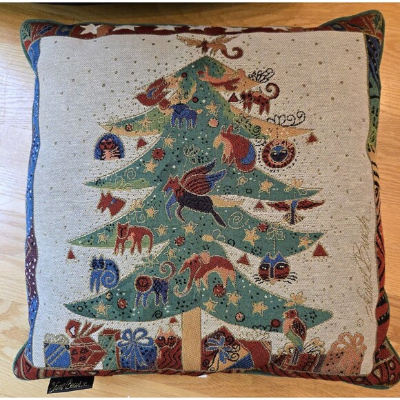 Laurel Burch Cats Tapestry Throw Pillow Christmas Tree Cats Animals 17" Green Bk - Picture 1 of 11